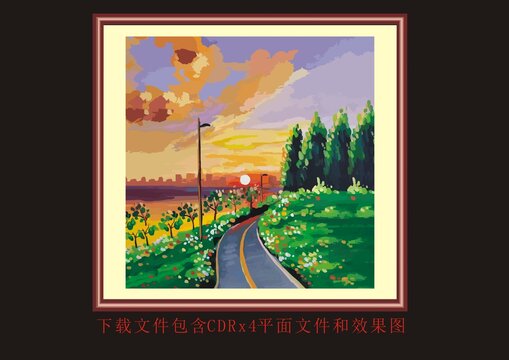 公路绿化落日风景植物野花