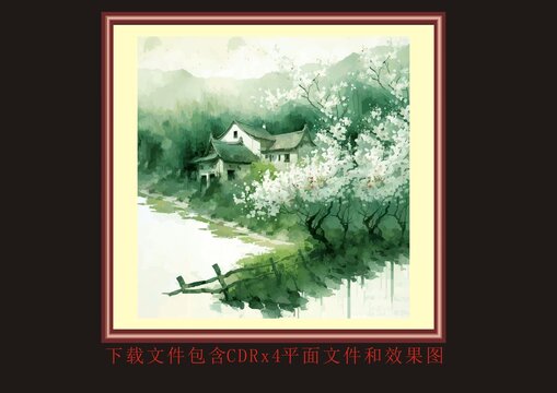 小屋植物桃花油畫(huà)水墨風(fēng)景畫(huà)