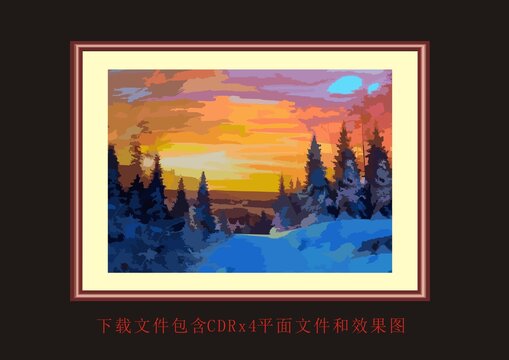 落日雪山不規(guī)則樹(shù)木風(fēng)景畫(huà)