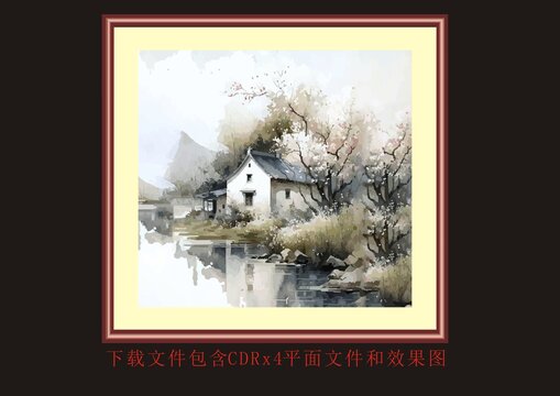 乡村艺术水墨画矢量客厅挂画