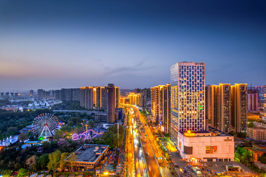 洛阳市涧西区城市风光夜景航拍