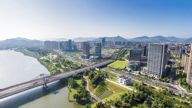 上虞曹娥江畔城市风光全景