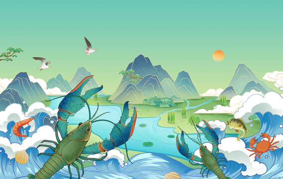 國風(fēng)澳洲藍龍蝦手繪插畫