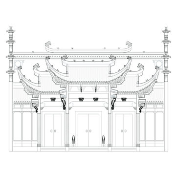 祠堂立面线稿图