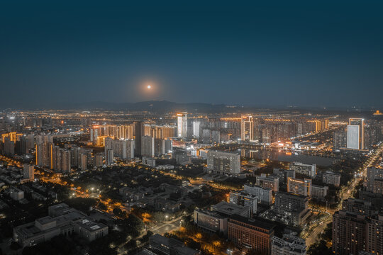 航拍洛阳洛龙新区夜景