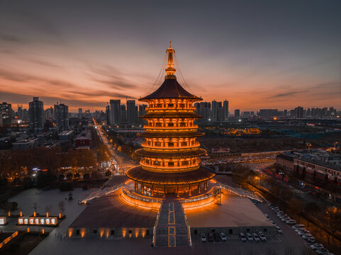 航拍隋唐洛阳城天堂夜景