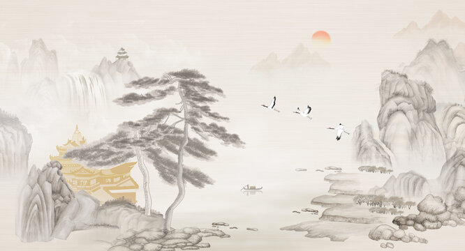 大型新中式樓閣山水背景墻