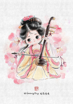 Q版二胡女孩水墨畫