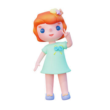 3D可愛卡通女孩比耶手勢素材