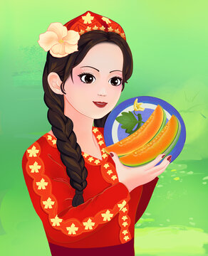 手繪新疆女孩和哈密瓜插畫
