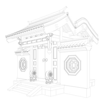 垂花門(mén)軸測(cè)線稿圖