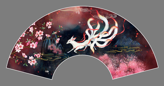 九尾狐古風(fēng)折扇插畫
