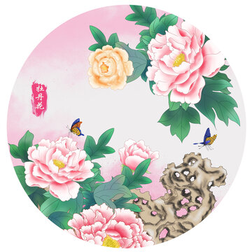 圓形牡丹花裝飾畫