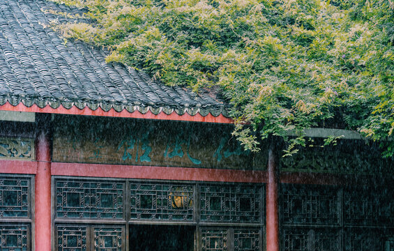 柳州柳侯公园雨中传统中式建筑