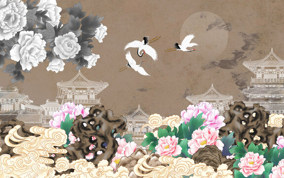 古典牡丹花背景墻壁畫(huà)