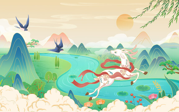 國風(fēng)山水仙鹿手繪插畫