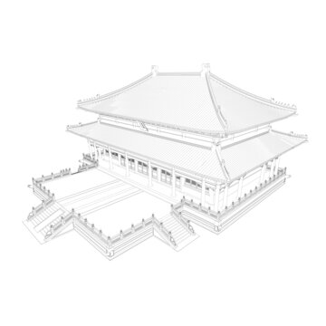 大雄寶殿鳥瞰線稿圖