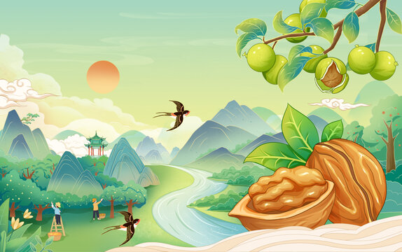 國風(fēng)園林核桃手繪插畫