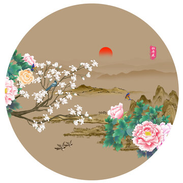 国潮牡丹花山水插画