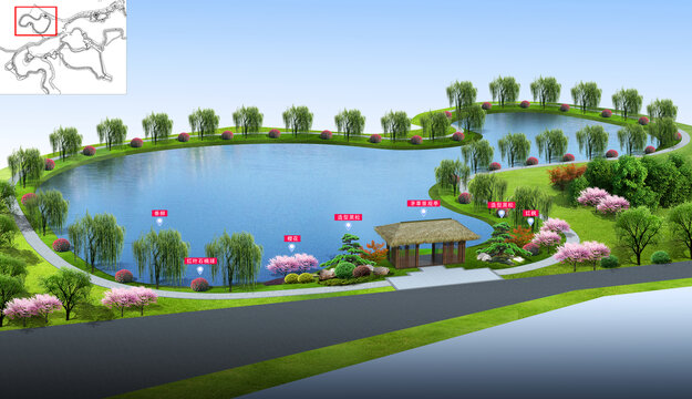 池塘周边绿化效果图
