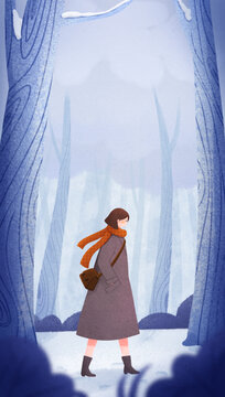 冬天从公园树林中穿过女孩插画
