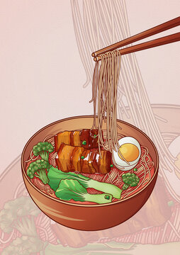 美食红烧肉麻辣面插画