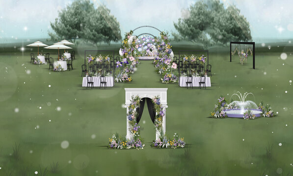 紫色花园风户外草坪婚礼全景图