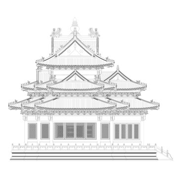 故宮角樓正西立面線稿圖