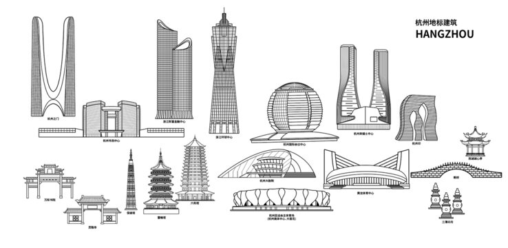 杭州城市地標(biāo)建筑矢量線框插畫