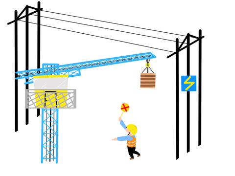蓝色吊塔工人注意安全操作电线