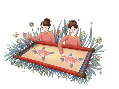 花叢粉衣女刺繡牡丹花
