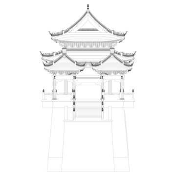城樓側(cè)立面線稿圖