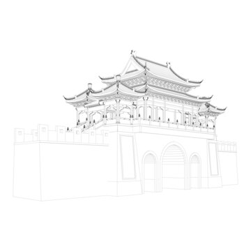 城樓軸測線稿圖