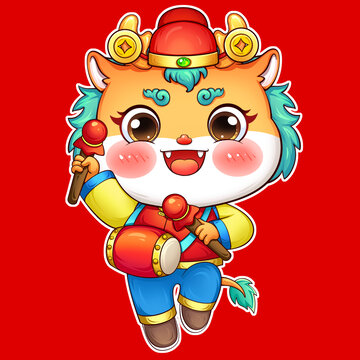 龍年卡通腰鼓敲鑼打鼓