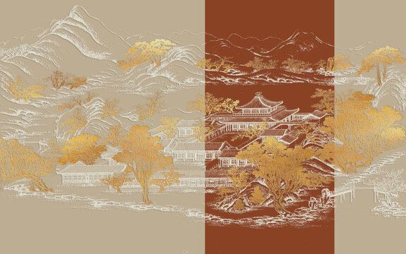 新中式描線建筑山水畫(huà)