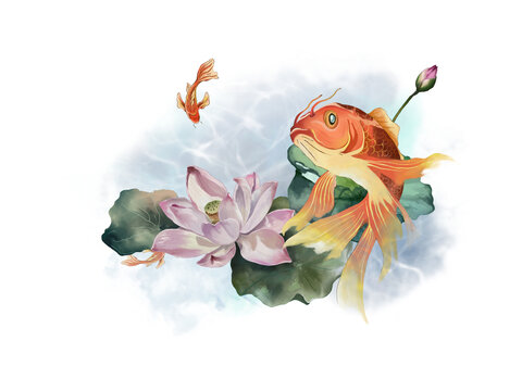 錦鯉躍荷花上