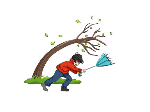 下雨天臺(tái)風(fēng)人物在臺(tái)風(fēng)下行走