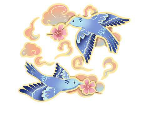喜鵲嘴里叼桃花祥云剪紙風(fēng)