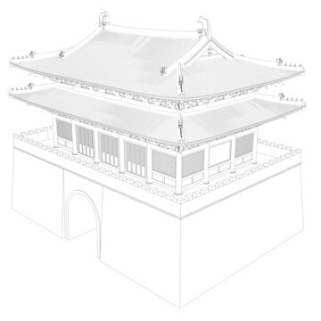 宋式鼓樓鳥瞰線稿圖