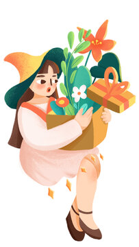 女生手拿植物環(huán)保元素插畫