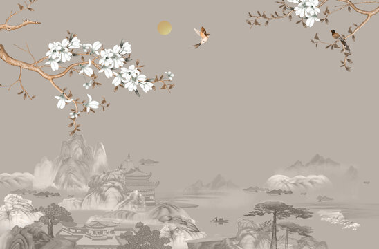 新中式花鳥背景墻