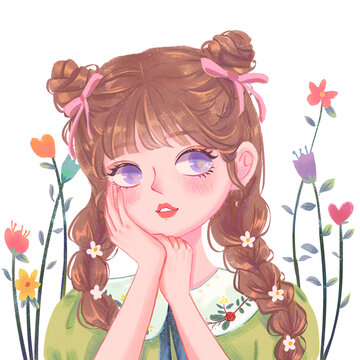 可愛卡通花叢少女