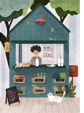 綠色小攤溫馨小店木屋插畫