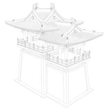 阙楼鸟瞰线稿图