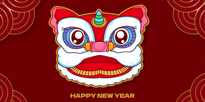 新年红色系中国风拜年狮头