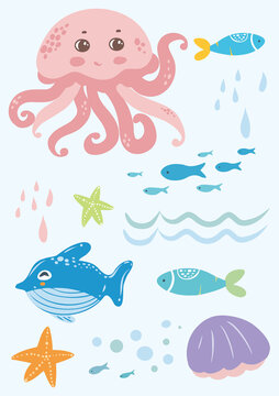 章鱼小鱼贝壳海星海水海洋生物