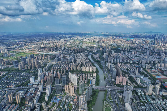 杭州运河沿线建筑群城市航拍