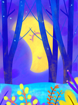 卡通背景河流树林月亮植物素材