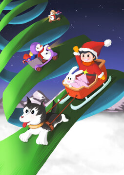 圣诞男孩坐在小狗拉的雪橇上