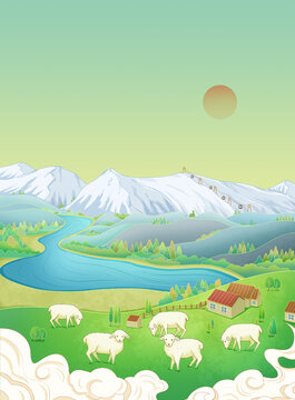 新疆阿勒泰風(fēng)景手繪插畫